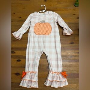 Girls' Pink Gingham Pumpkin Applique One-Piece Romper